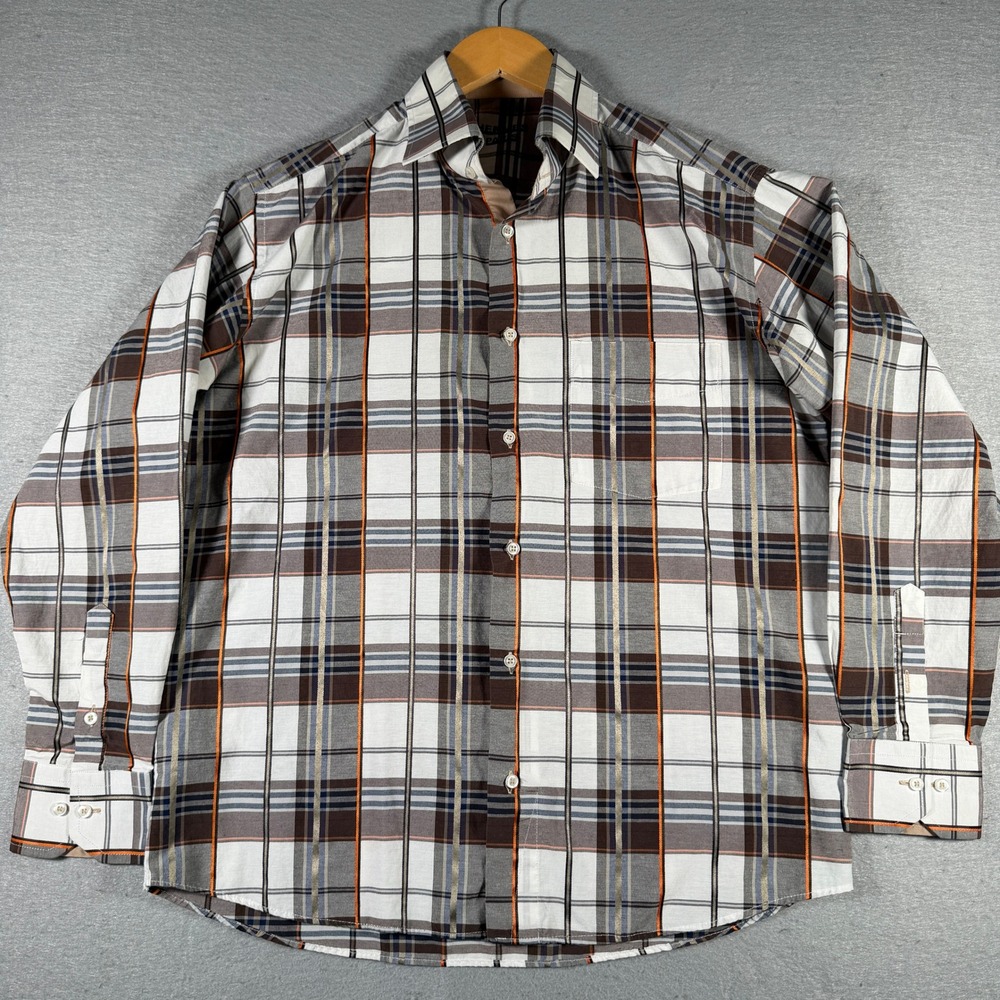 Hermes Paris Mens Plaid Button Up Shirt Brown White Orange Long Sleeve France